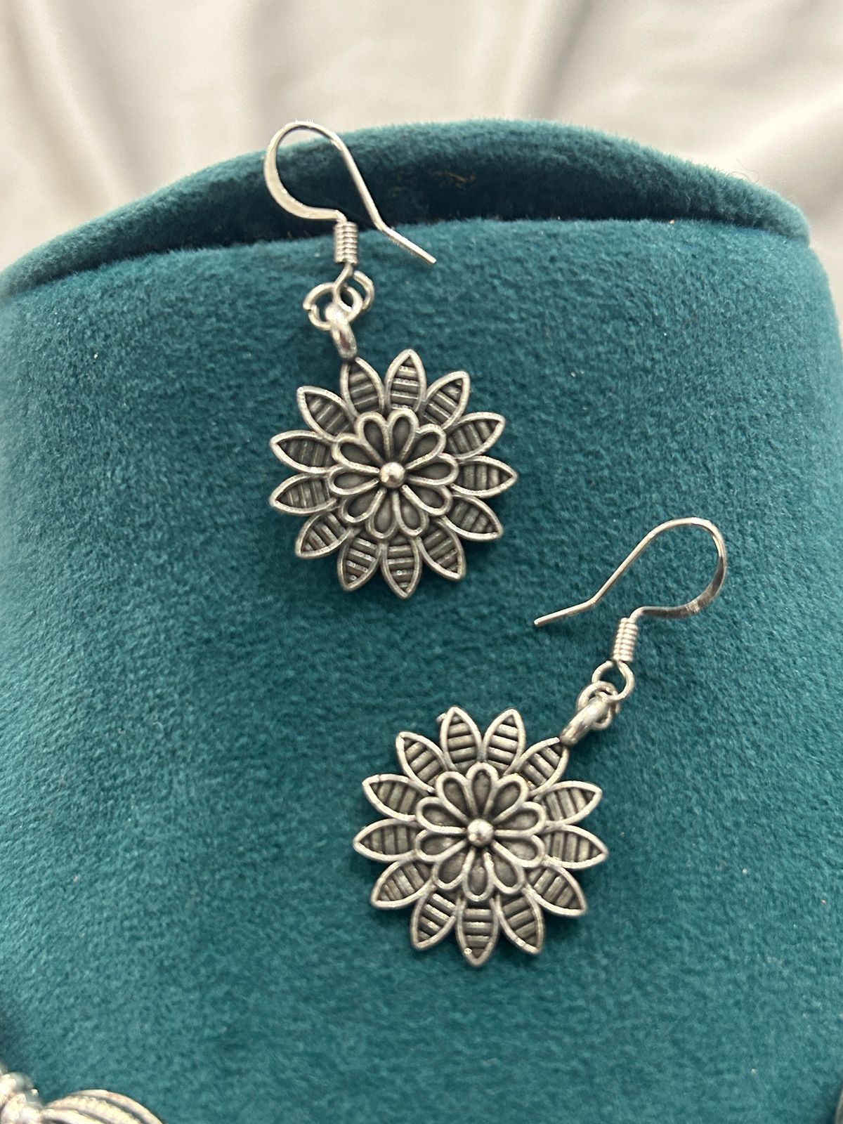 Oxidized Silver Floral Choker Necklace Set with Matching Earrings